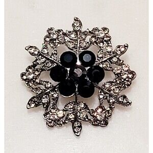 Black Clear Rhinestone Floral Brooch - 1 3/8" Vintage